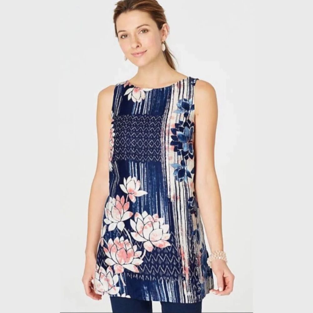 Pure Jill J Jill Floral Lotus Sleeveless Linen Tunic Top Size M Petited MP